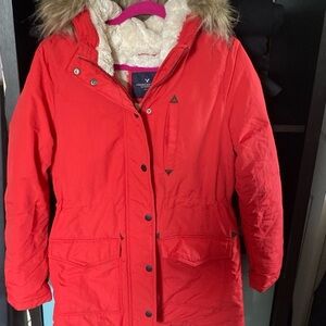 American Eagle Outfitters Red Winter Jacket with Faux Fur Sz M Vintage Y2K